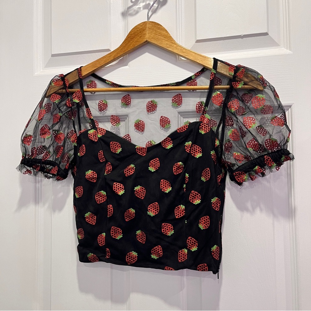 Black Strawberry Print Sheer Puff Sleeve Top